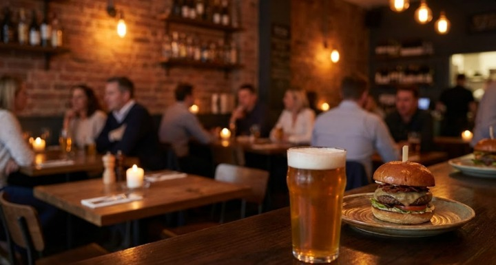 Desibel Pub menüsü için modern pub atmosferinde hazırlanmış yüksek kaliteli arka plan görseli